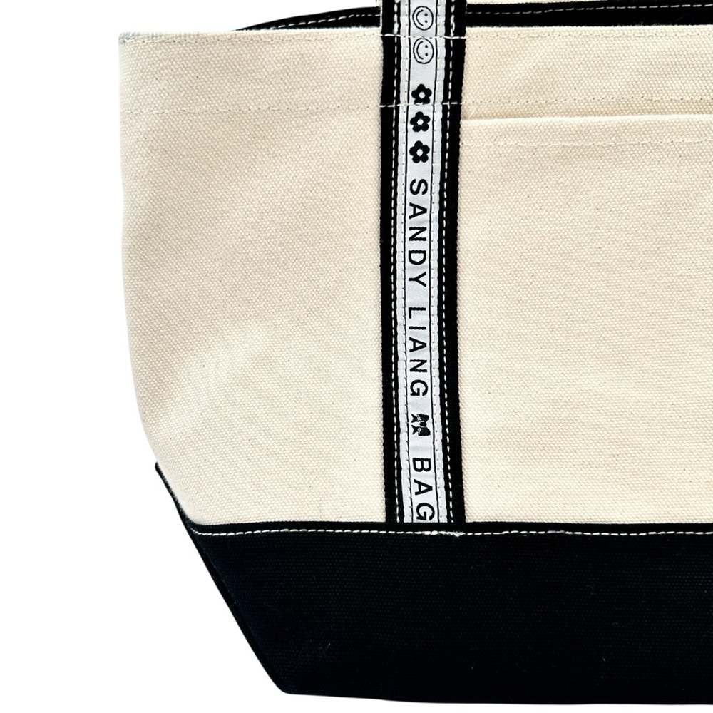 [sold] Sandy Liang x BAGGU Cream Black Canvas Small Shoulder Boat Tote Bag - Picture 3 of 11